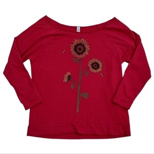 Sunflower Red Sweatshirt Women's Size Small Off The Shoulder Long Sleeved Bees